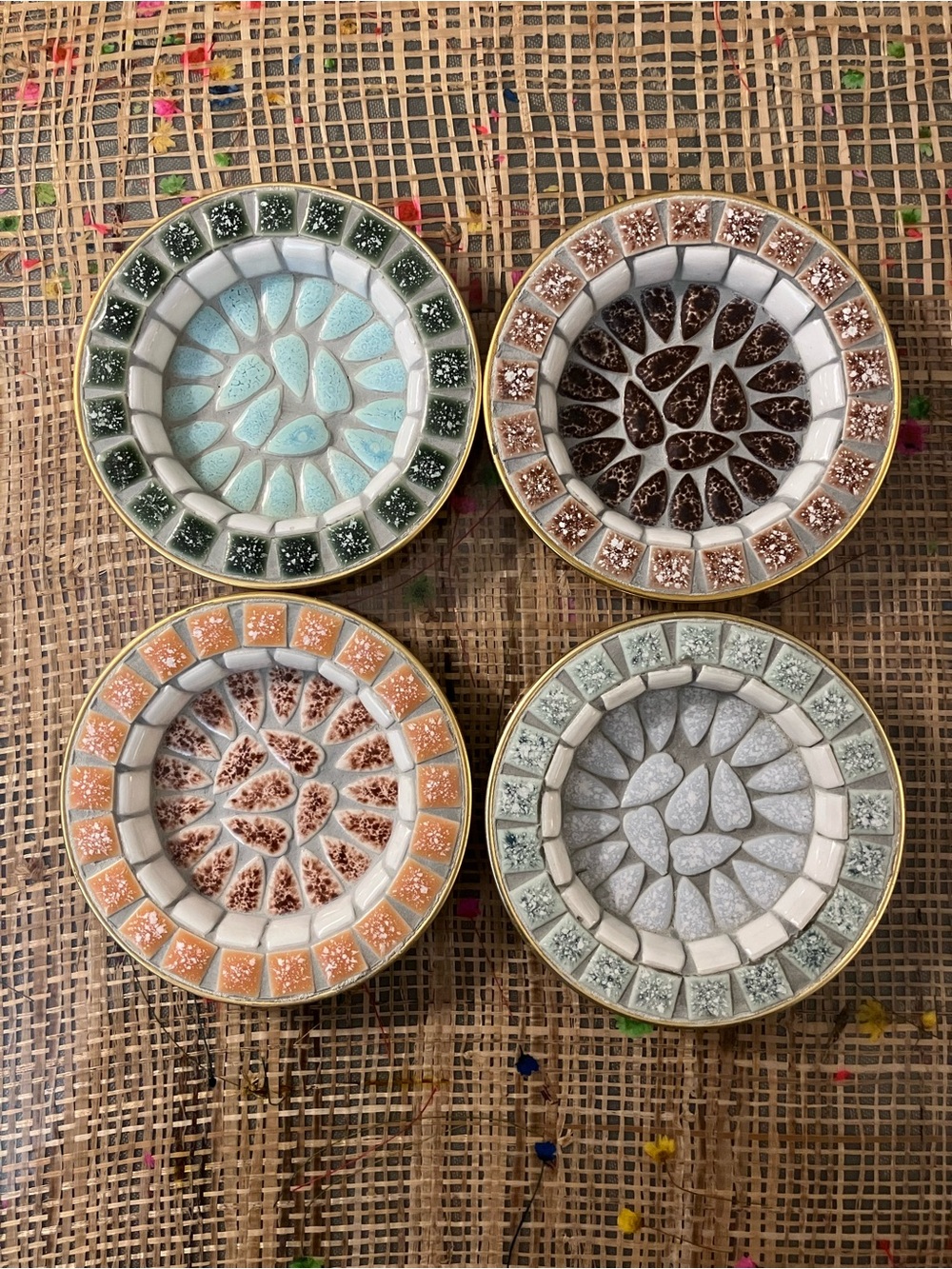 4 Vintage Mosaic Tile Coasters Japan MCM Atomic Style  Boho Decor